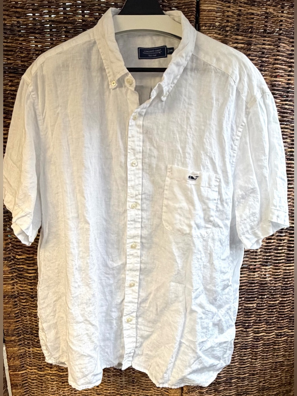 Vineyard Vines White Linen Short-Sleeve Button-Down Shirt with Pocket-XXL